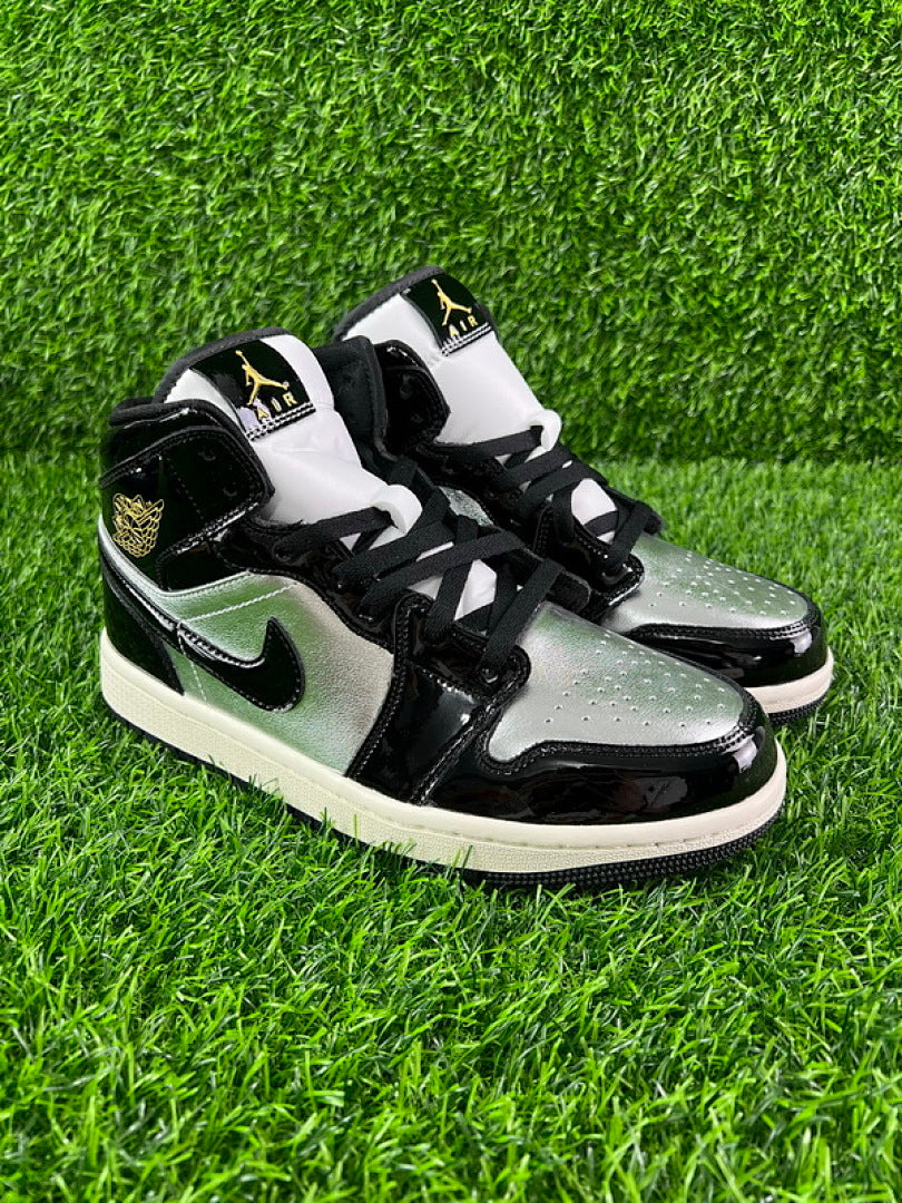 Nike Air Jordan 1 Mid GS Metallic Silver Black Patent Leather Gold Wings Youth Sneakers 554725-082