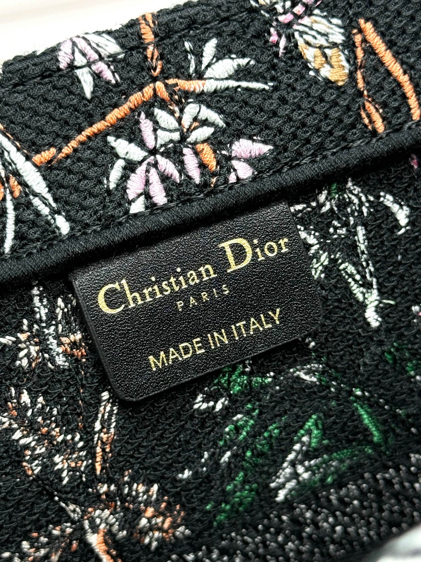 Christian Dior Large Book Tote Black Canvas with Multi-Color Floral and Dragonfly Embroidery
