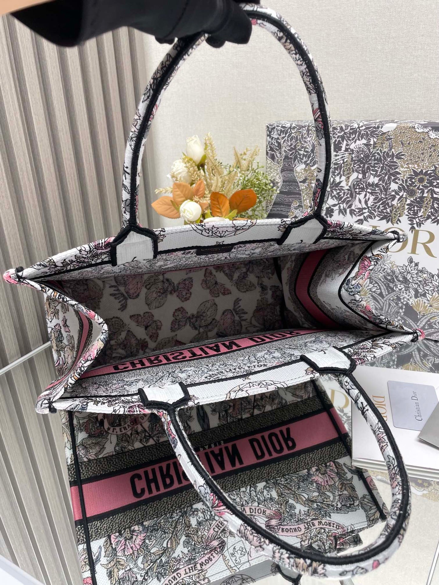 Christian Dior Medium Book Tote - Grey, White, and Pink Toile de Jouy Embroidery