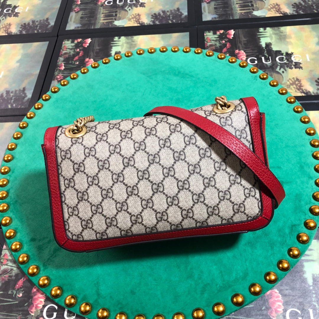 Gucci Vintage Monogram Canvas Shoulder Handbag with Red Trim and Gold Chain