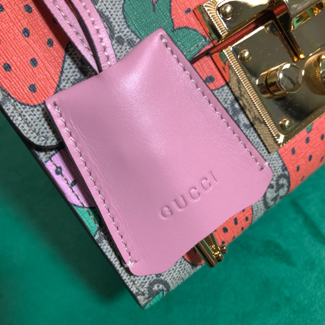 Gucci Strawberry Print Monogram Canvas Padlock Shoulder Bag with Chain Strap