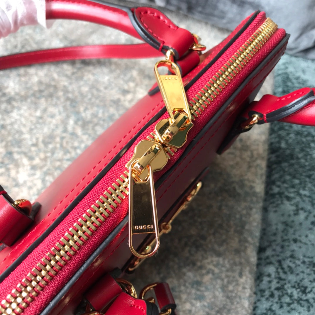 Gucci Classic Red Leather Top Handle Handbag with Gold Horsebit Hardware