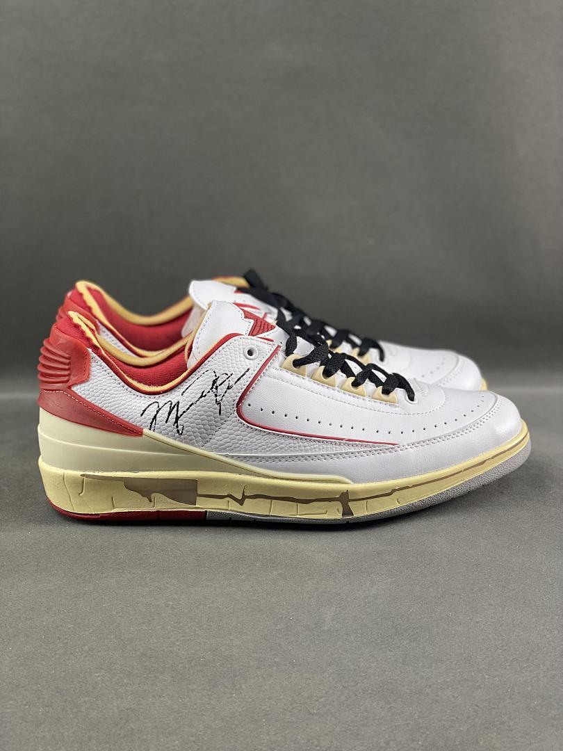 Off-White x Air Jordan 2 Retro Low SP White Varsity Red DJ4375-106 Michael Jordan Signature Aged Sole Sneakers