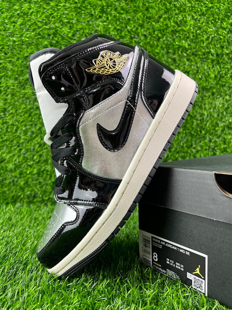 Nike Air Jordan 1 Mid GS Metallic Silver Black Patent Leather Gold Wings Youth Sneakers 554725-082