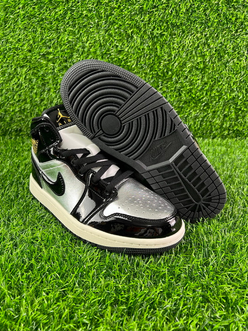 Nike Air Jordan 1 Mid GS Metallic Silver Black Patent Leather Gold Wings Youth Sneakers 554725-082