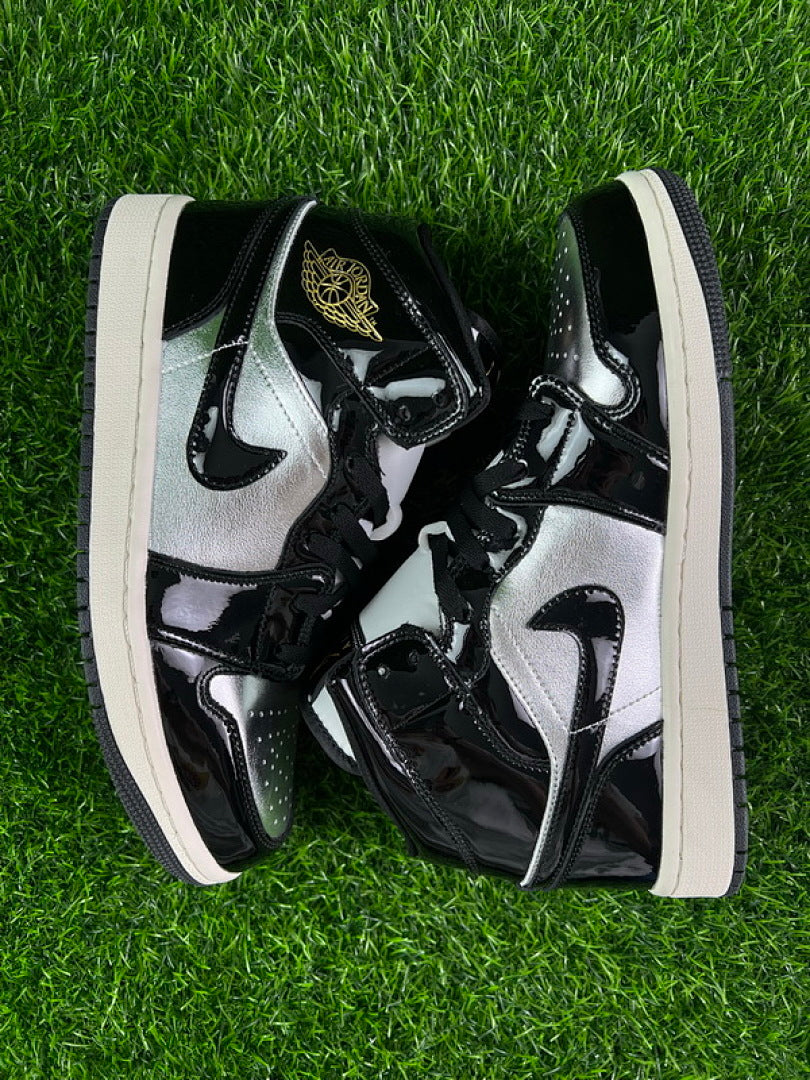 Nike Air Jordan 1 Mid GS Metallic Silver Black Patent Leather Gold Wings Youth Sneakers 554725-082