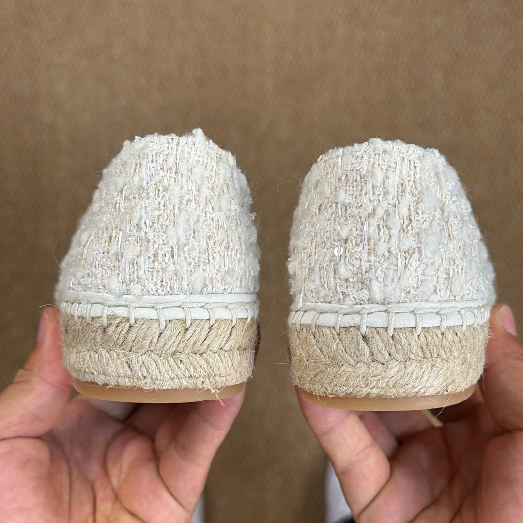 Chanel CC Logo Ecru Tweed White Leather Cap Toe Espadrilles