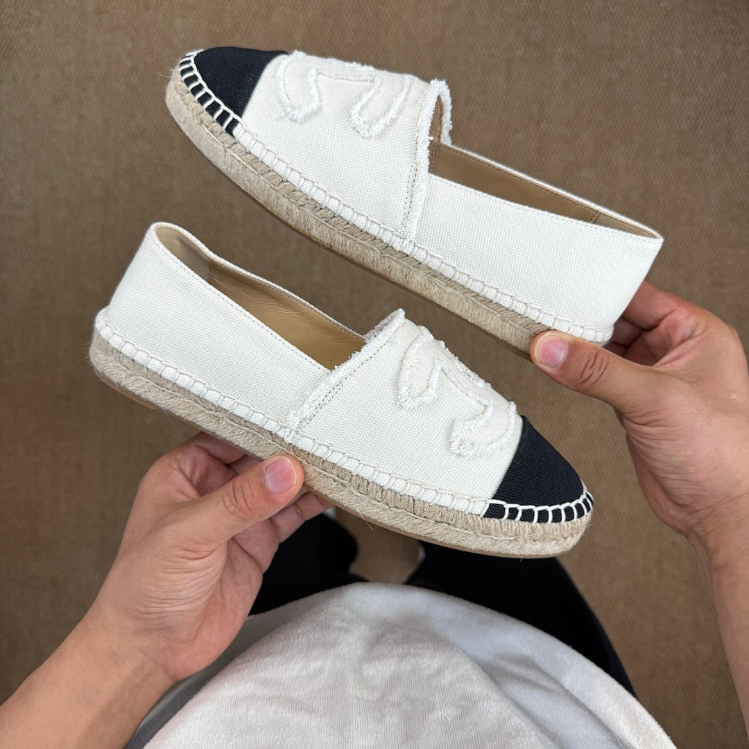 Chanel Espadrilles Mixed Fibers Ecru & Black CC Logo