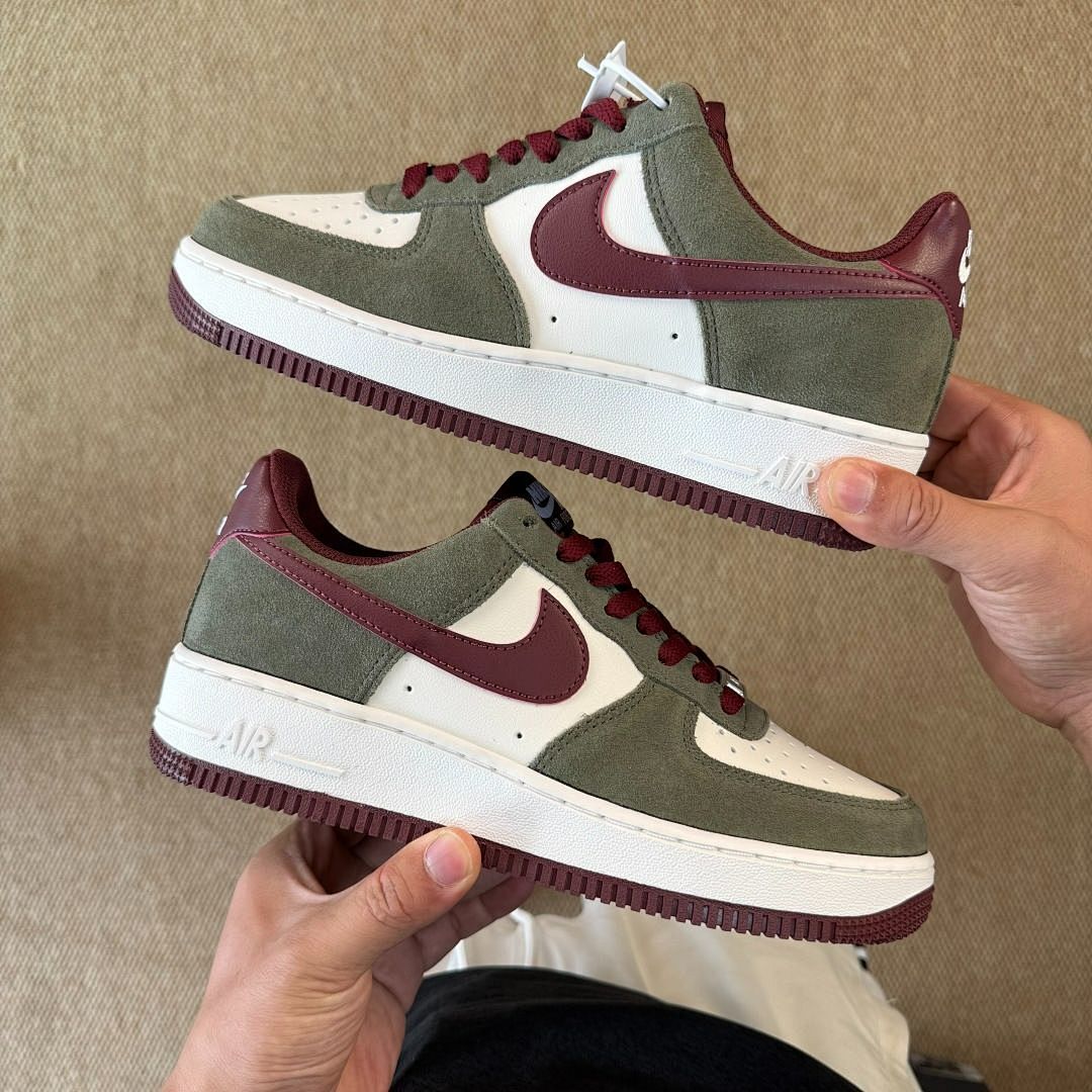 Nike Air Force 1 Low Olive Green Suede White Burgundy