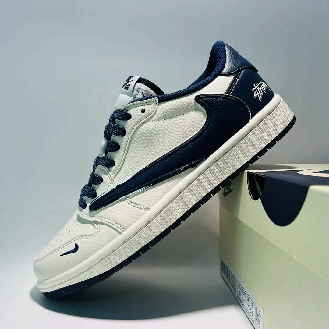 Nike Air Jordan 1 Low OG SP Travis Scott Sail Navy Blue Reverse Swoosh Sneakers
