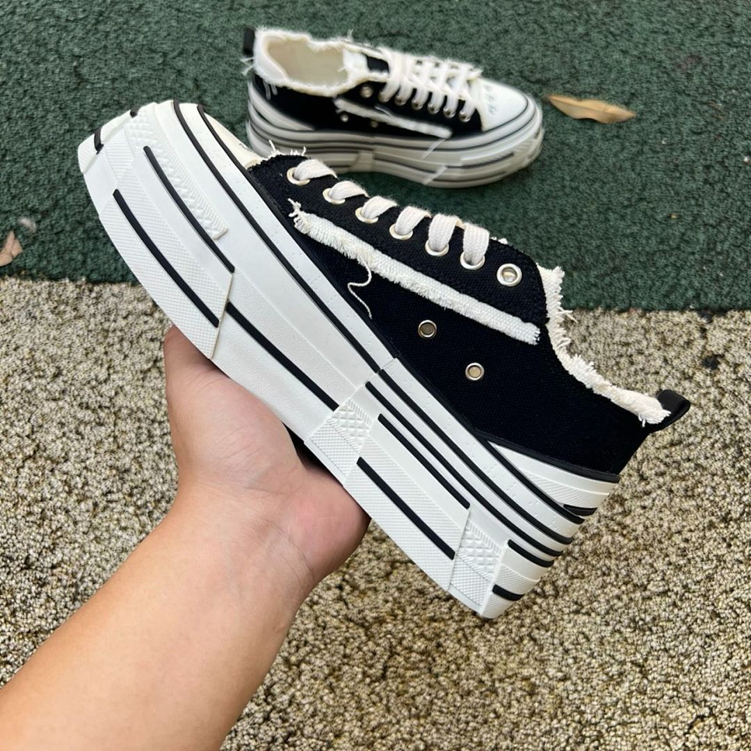 XVS XVSESLSR Platform Deconstructed Raw Edge Black Canvas Low Top Sneakers