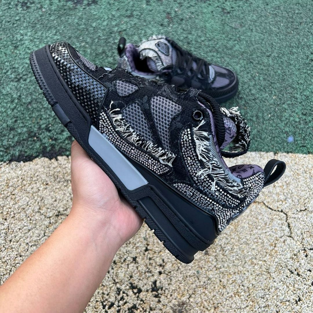 Louis Vuitton LV Trainer Sneaker Black Crystal Embellished Distressed Monogram Mesh
