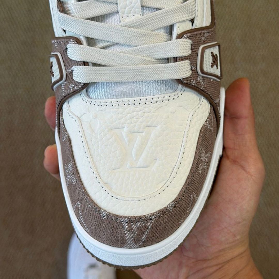 Louis Vuitton LV Trainer Monogram Denim Brown White Ecru Sneaker Luxury Low Top Shoes 1ACW2U