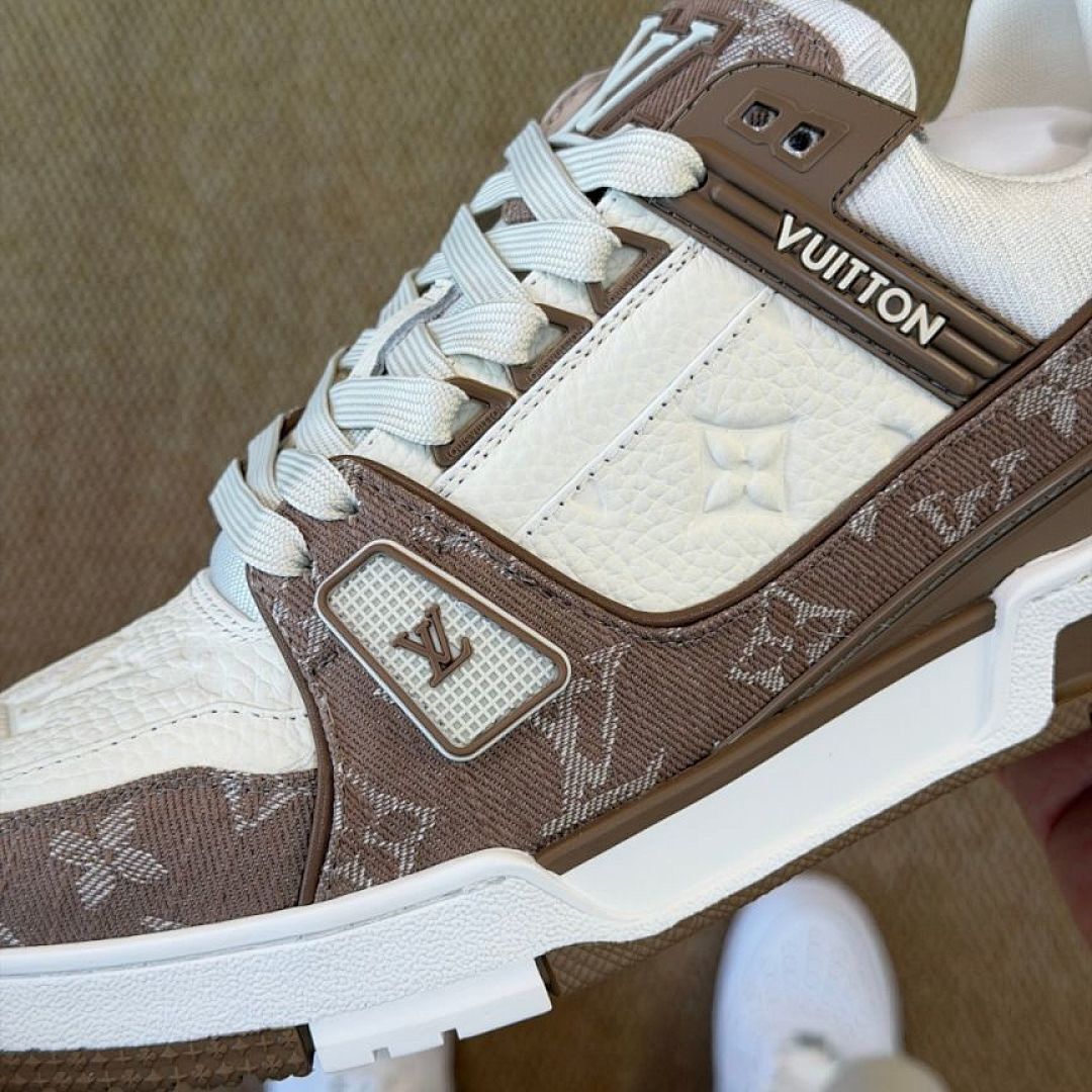 Louis Vuitton LV Trainer Monogram Denim Brown White Ecru Sneaker Luxury Low Top Shoes 1ACW2U