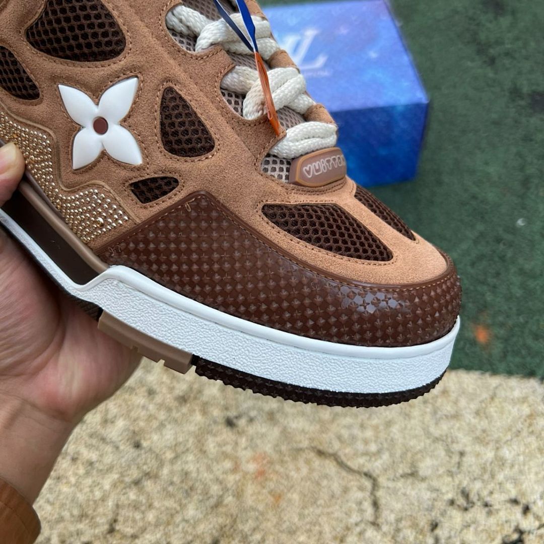 Louis Vuitton LV Trainer Crystal Strass Studded Brown Suede Sneakers 1A9Z62