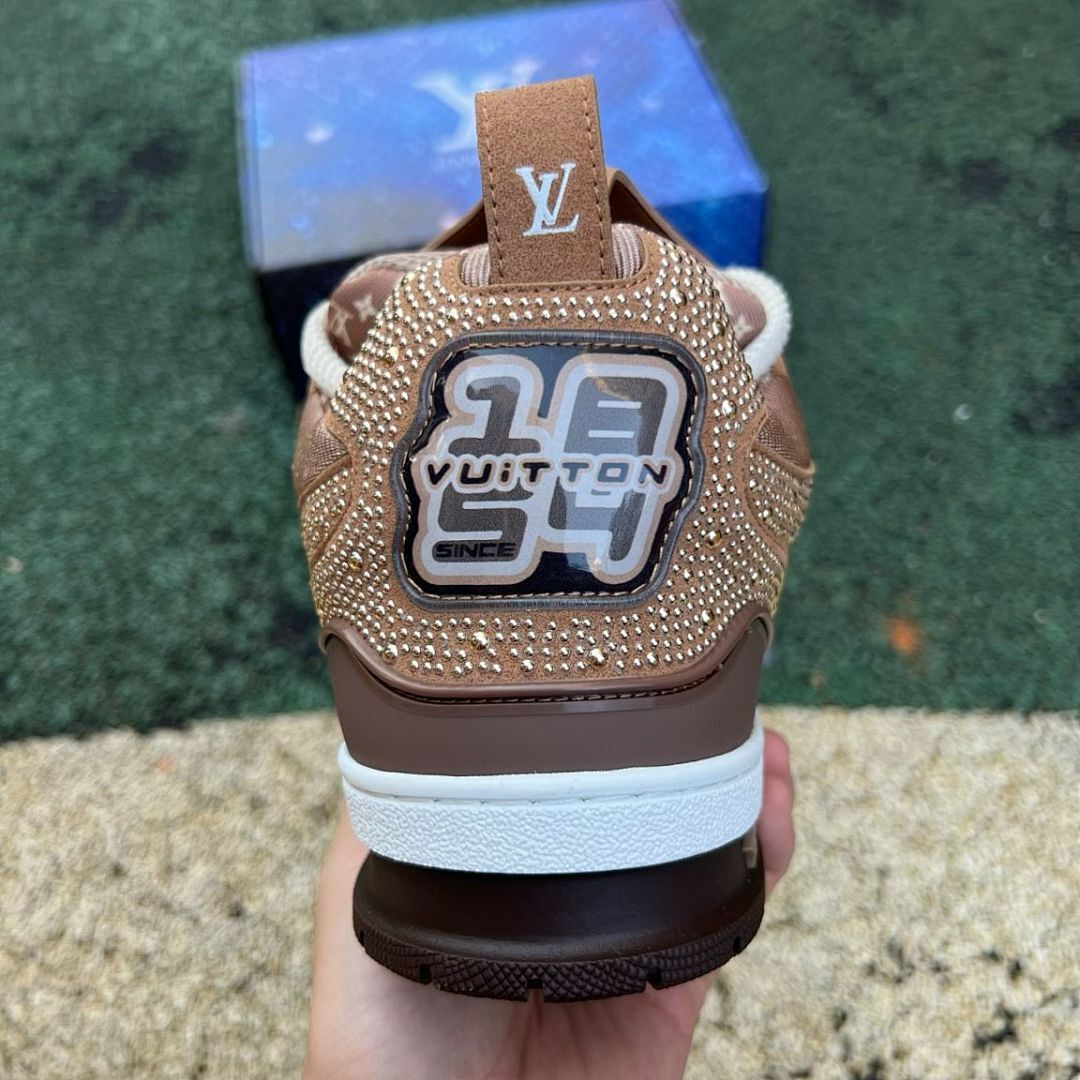 Louis Vuitton LV Trainer Crystal Strass Studded Brown Suede Sneakers 1A9Z62