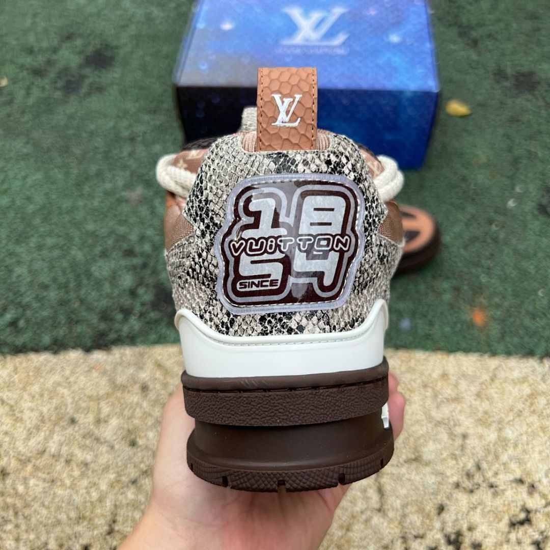 Louis Vuitton LV Trainer Sneaker Men's Brown Python-Effect Leather & Mesh Low Top Luxury Shoes