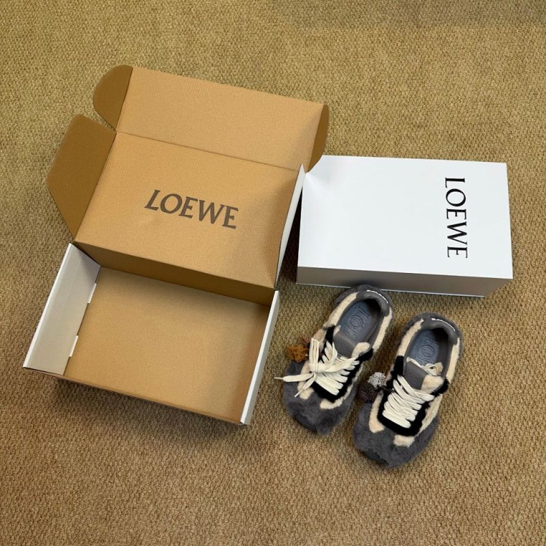LOEWE Flow Runner Shearling Sneakers Ecru Dark Grey Luxury Designer Trainers