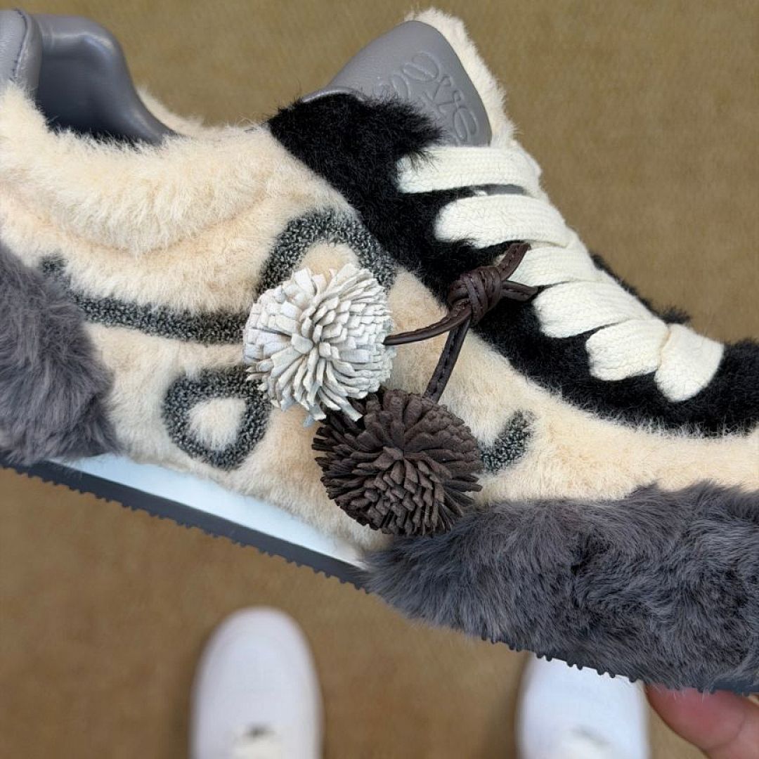 LOEWE Flow Runner Shearling Sneakers Ecru Dark Grey Luxury Designer Trainers