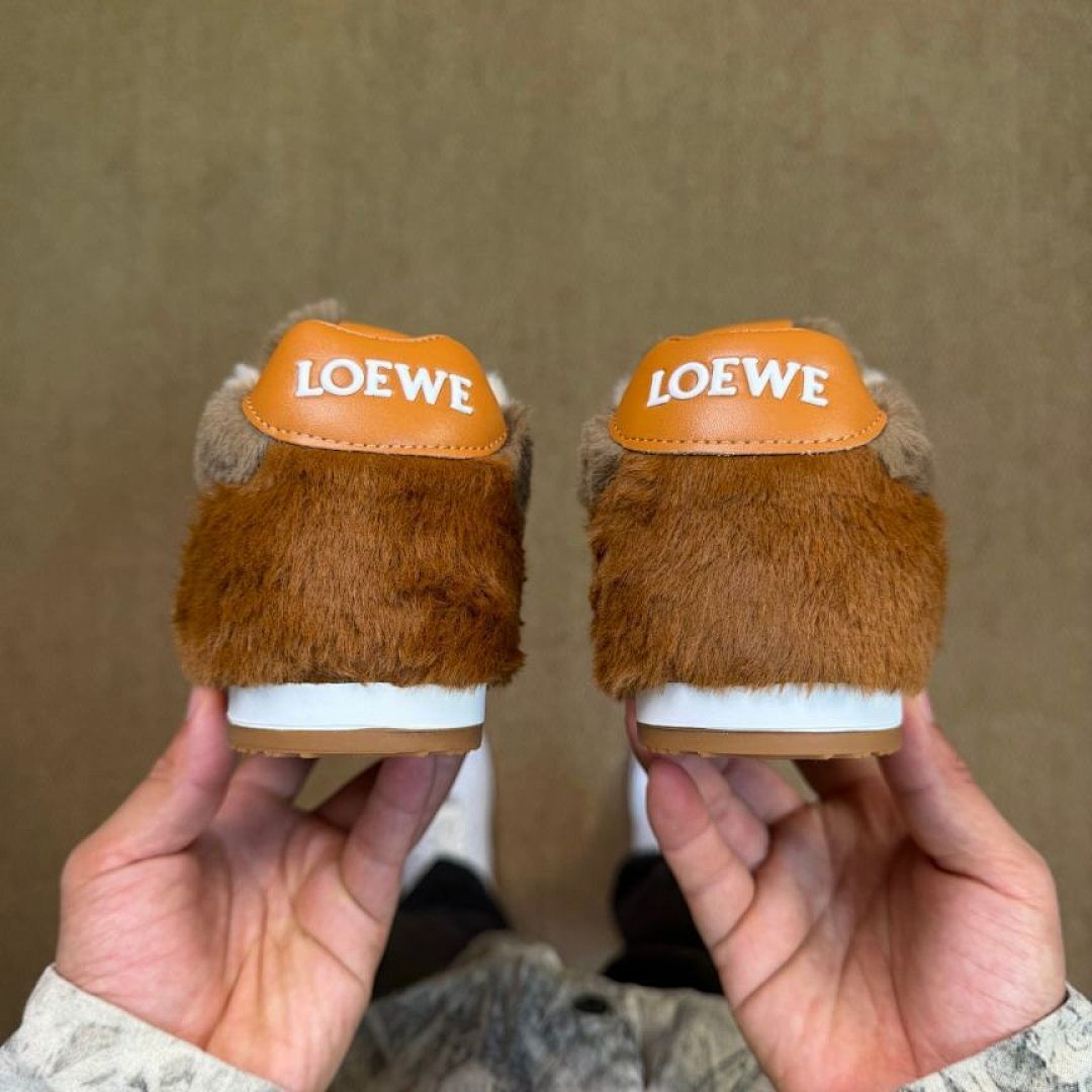 Loewe L.A. L Knot Furry Low-Top Sneakers Brown Ecru Red, Luxury Designer Trainers, Fluffy Shearling Shoes, Unisex