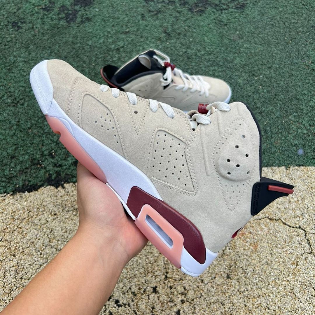Nike Air Jordan 6 Retro Light Bone Burgundy Pink Suede Sneakers
