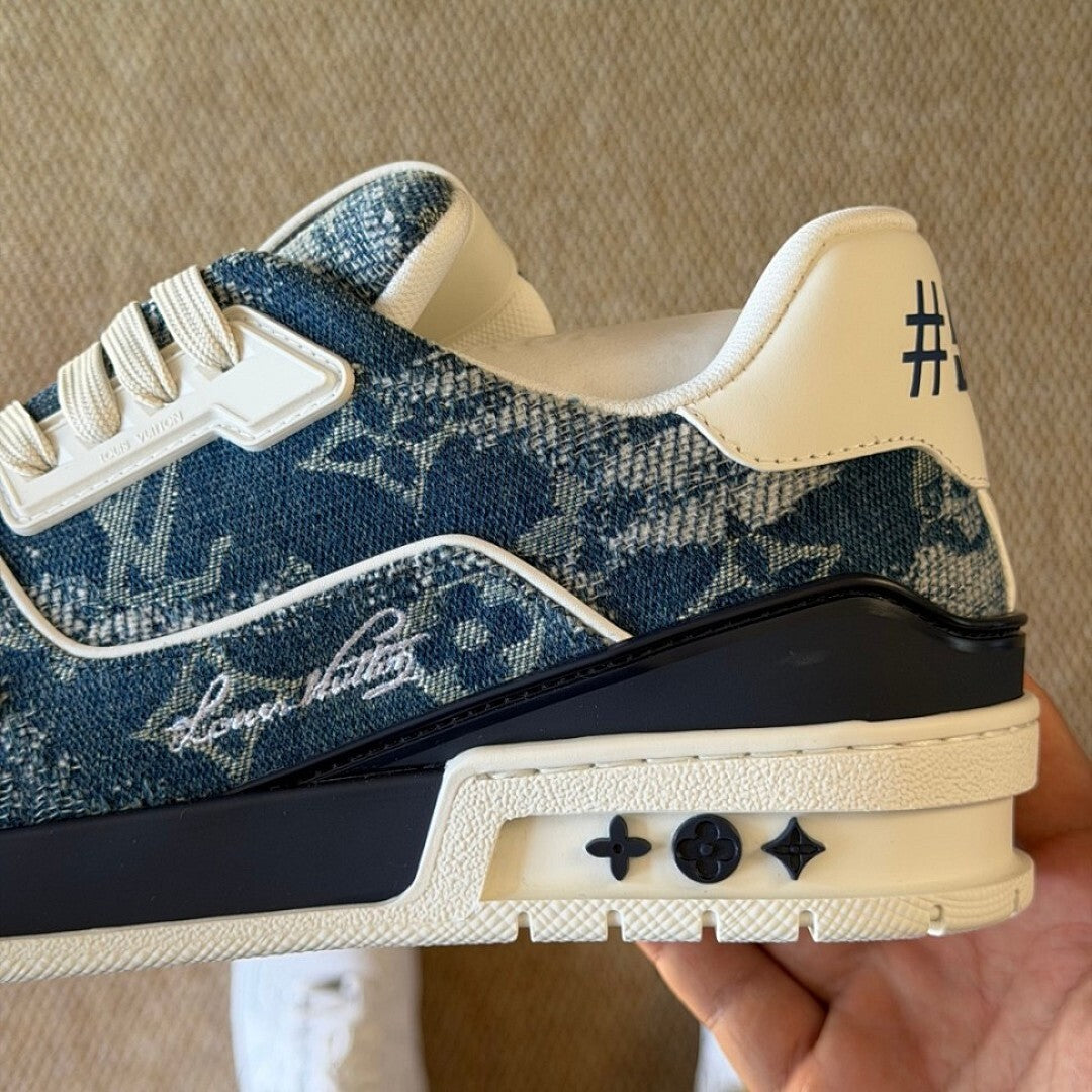 Louis Vuitton LV Trainer Sneaker Washed Denim Monogram Blue Men's Shoes 1A8Z69