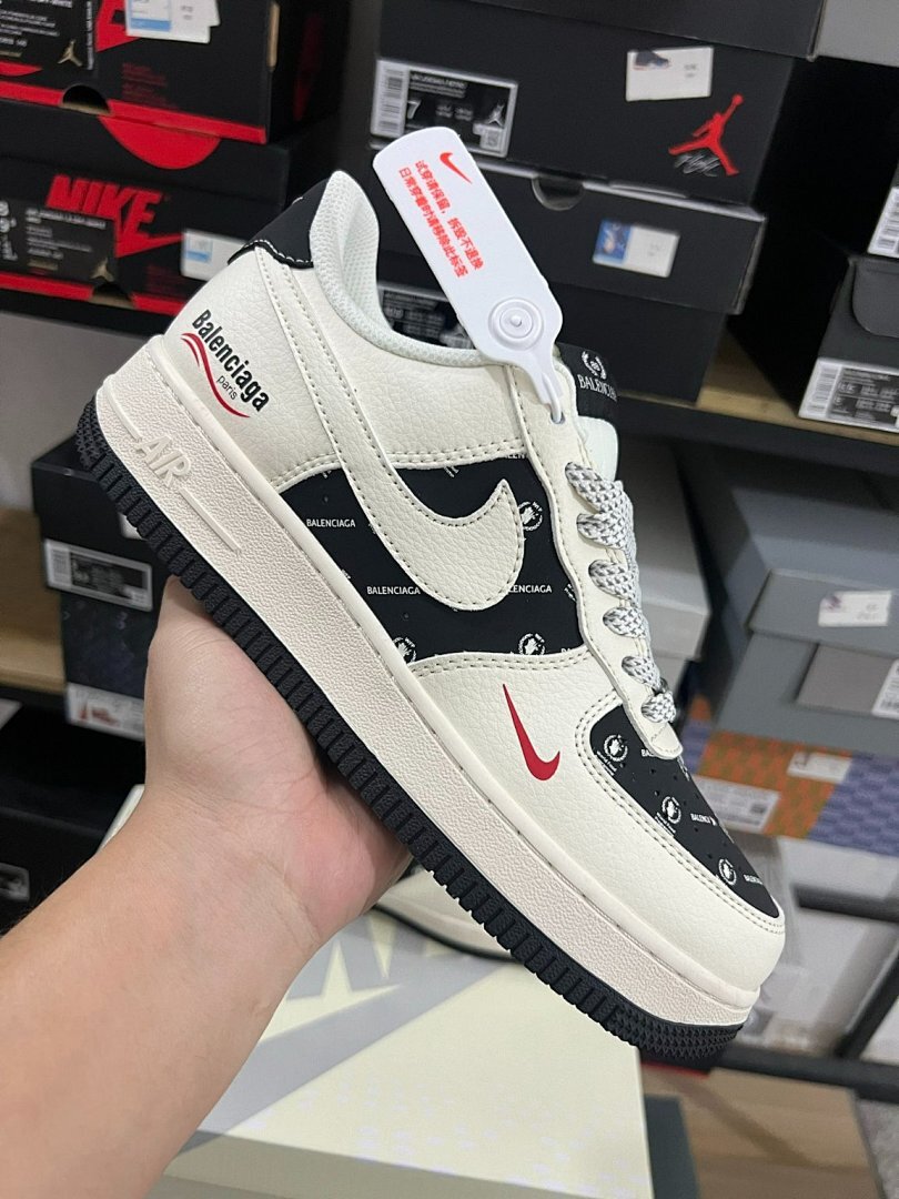 Nike Air Force 1 Low Custom Balenciaga Monogram Cream Black Red Sneakers
