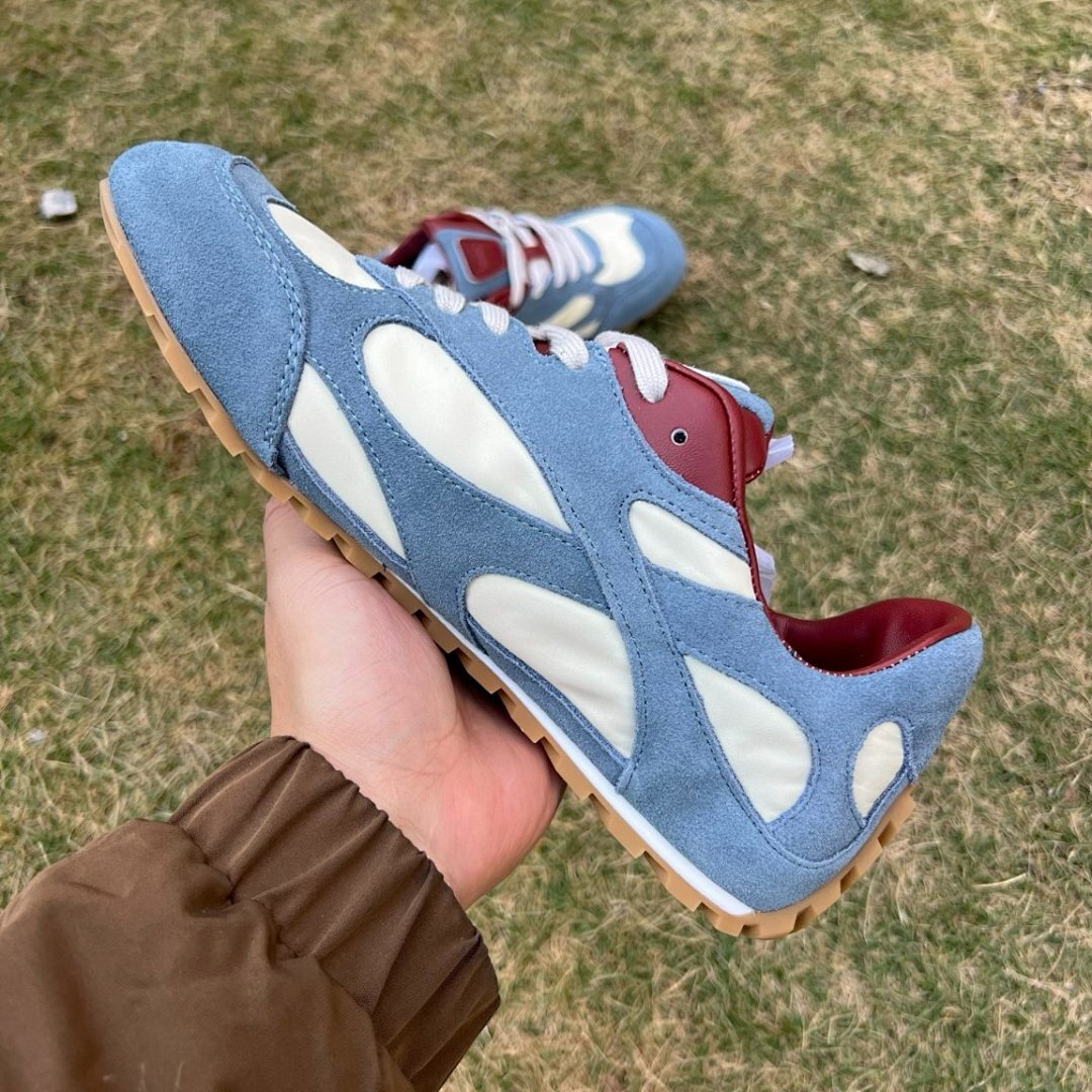 Classic Retro Suede Runner Trainers - Dusty Blue Cream Burgundy - Gum Sole