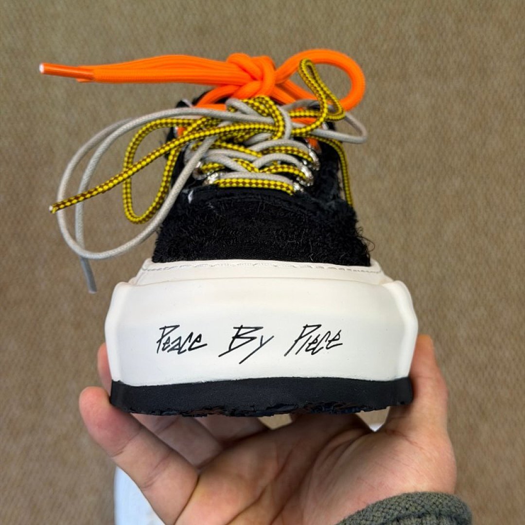 JBWN Unisex Black Textured Low Top Platform Sneakers with Chunky White Sole and Orange Yellow Laces - Streetwear Casual Fashion Shoes