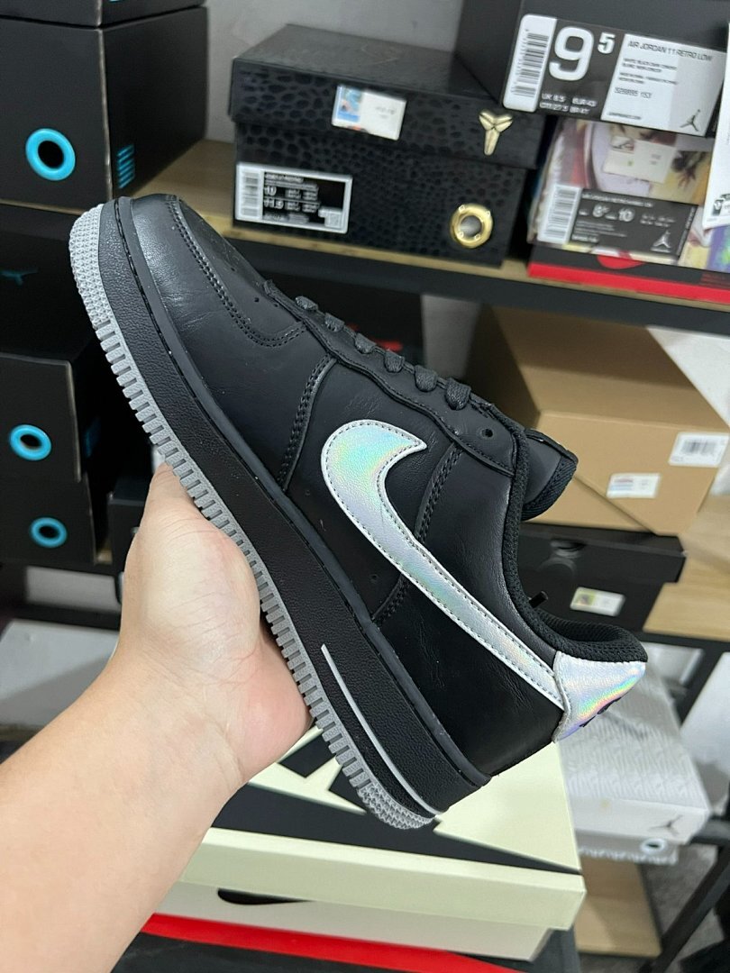 Nike Air Force 1 '07 LV8 Black Iridescent Holographic Swoosh Grey Sole CW6999-001 Sneakers Shoes