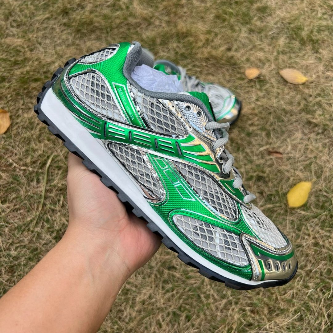 Bottega Veneta Orbit Sneakers Metallic Silver Kiwi Green Mesh Y2K Trainers