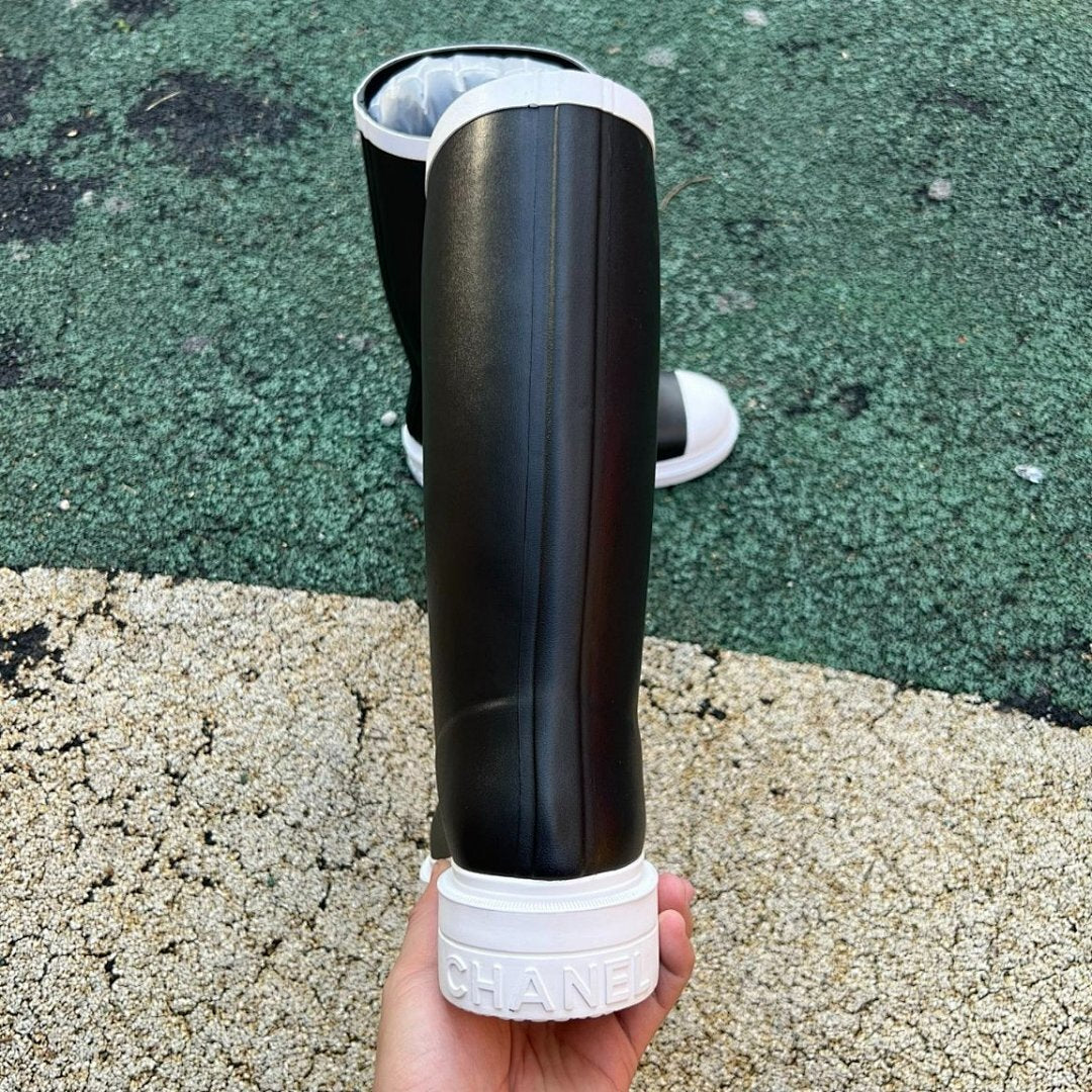 Chanel Black Rubber Rain Boots White Cap Toe CC Logo