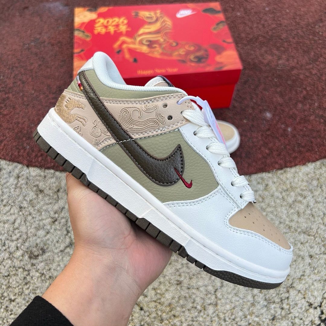Nike Dunk Low Year of the Dragon 2024 Lunar New Year White Olive Green Tan Sail Leather Sneakers Shoes FJ4210-100