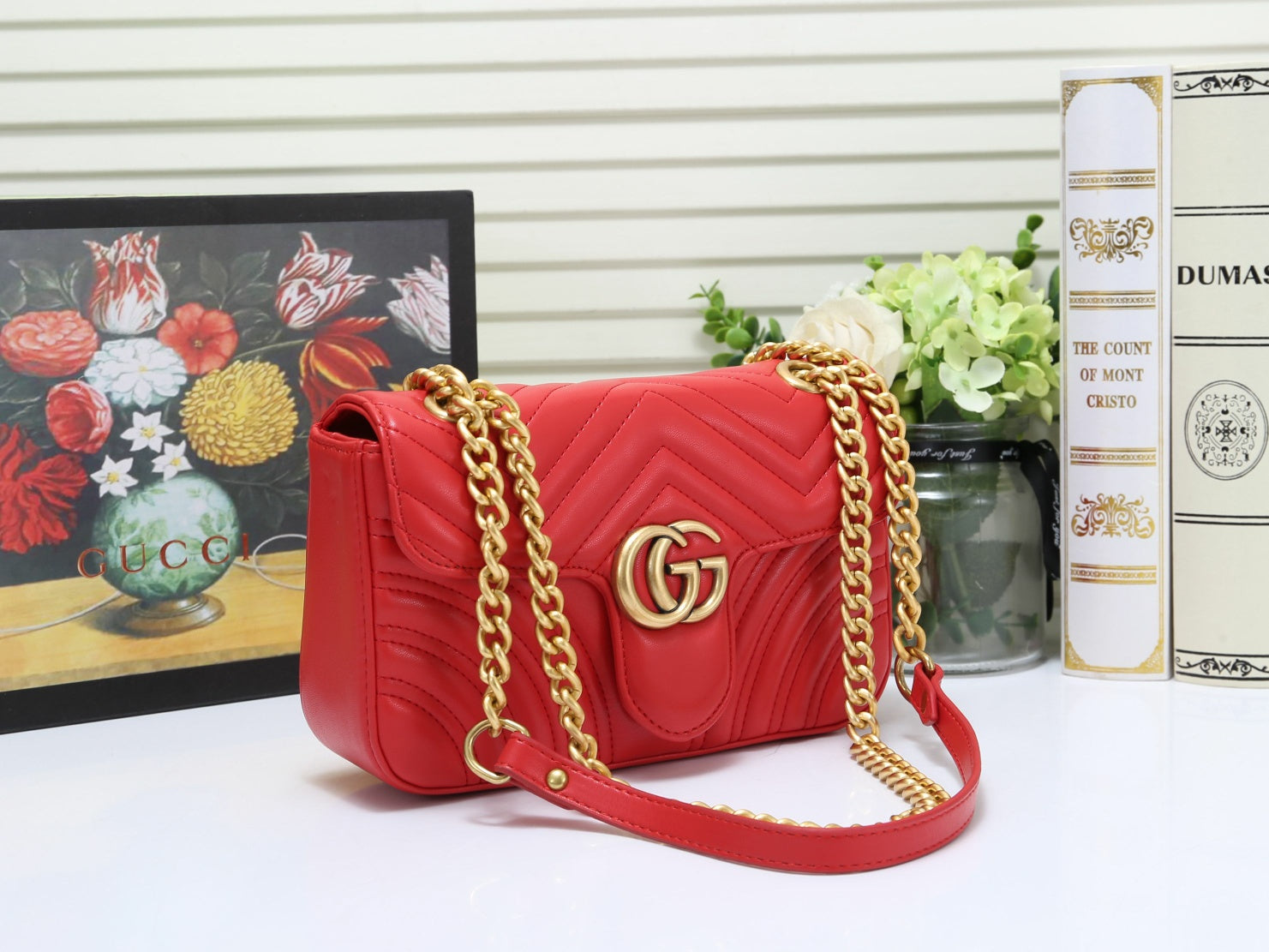 Gucci Red Quilted Chevron Leather Crossbody Bag with Gold Chain