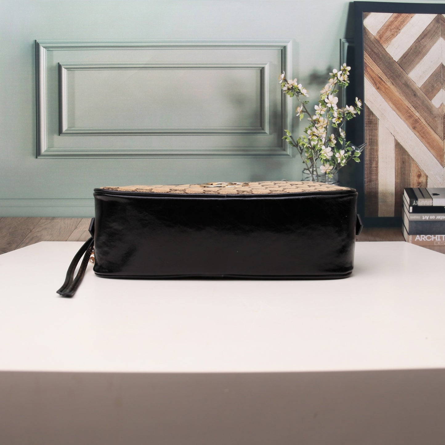 Gucci Classic Monogram Canvas Crossbody Camera Bag with Gold Chain Strap