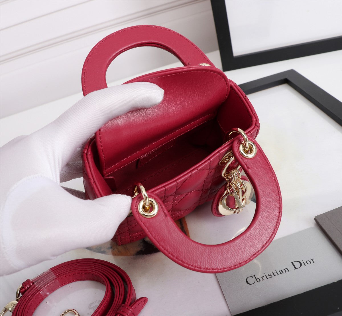 Dior Classic Red Quilted Leather Mini Top Handle Bag with Shoulder Strap