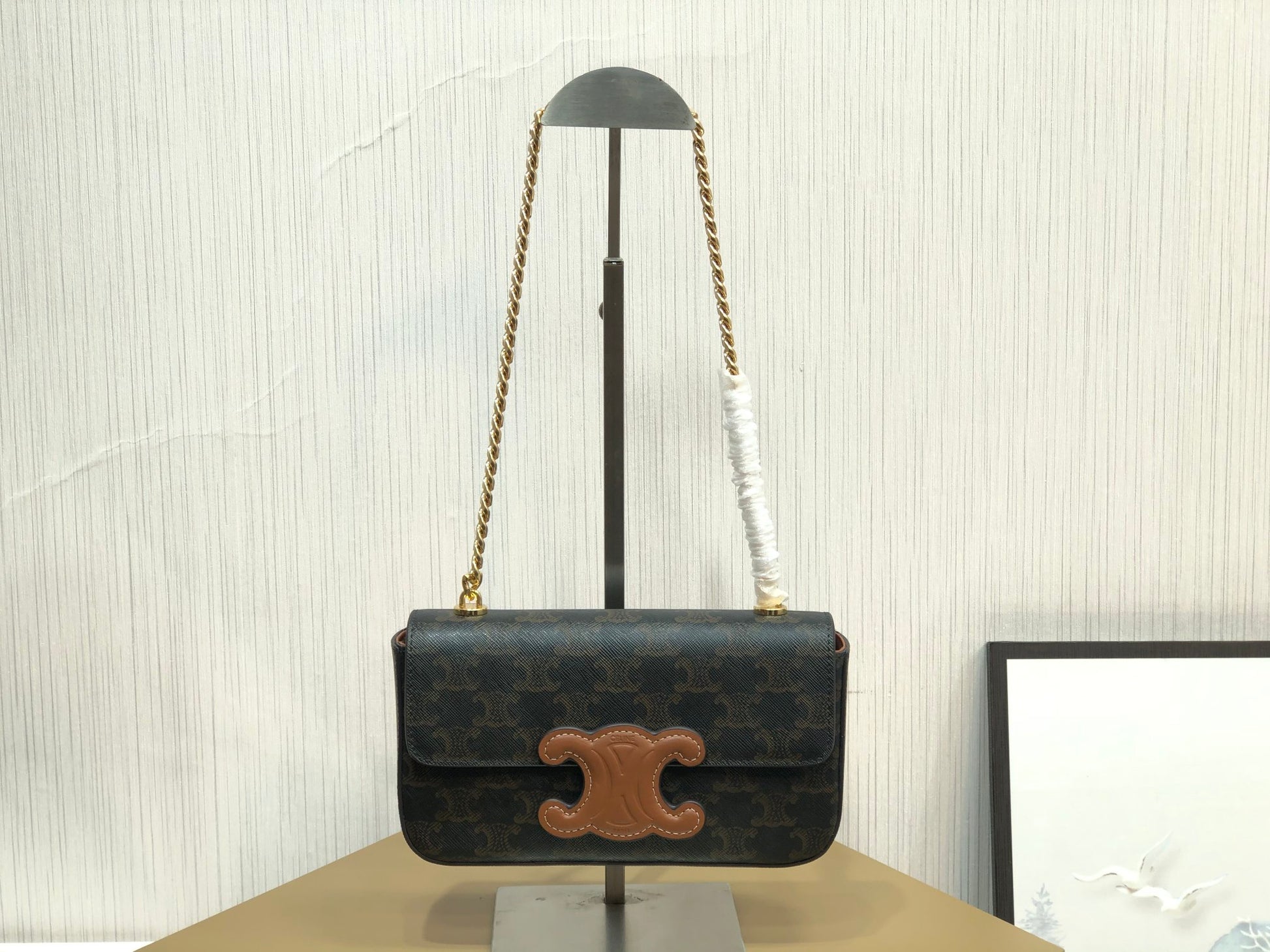 Celine Triomphe Shoulder Bag in Triomphe Canvas with Chain - Black and Tan