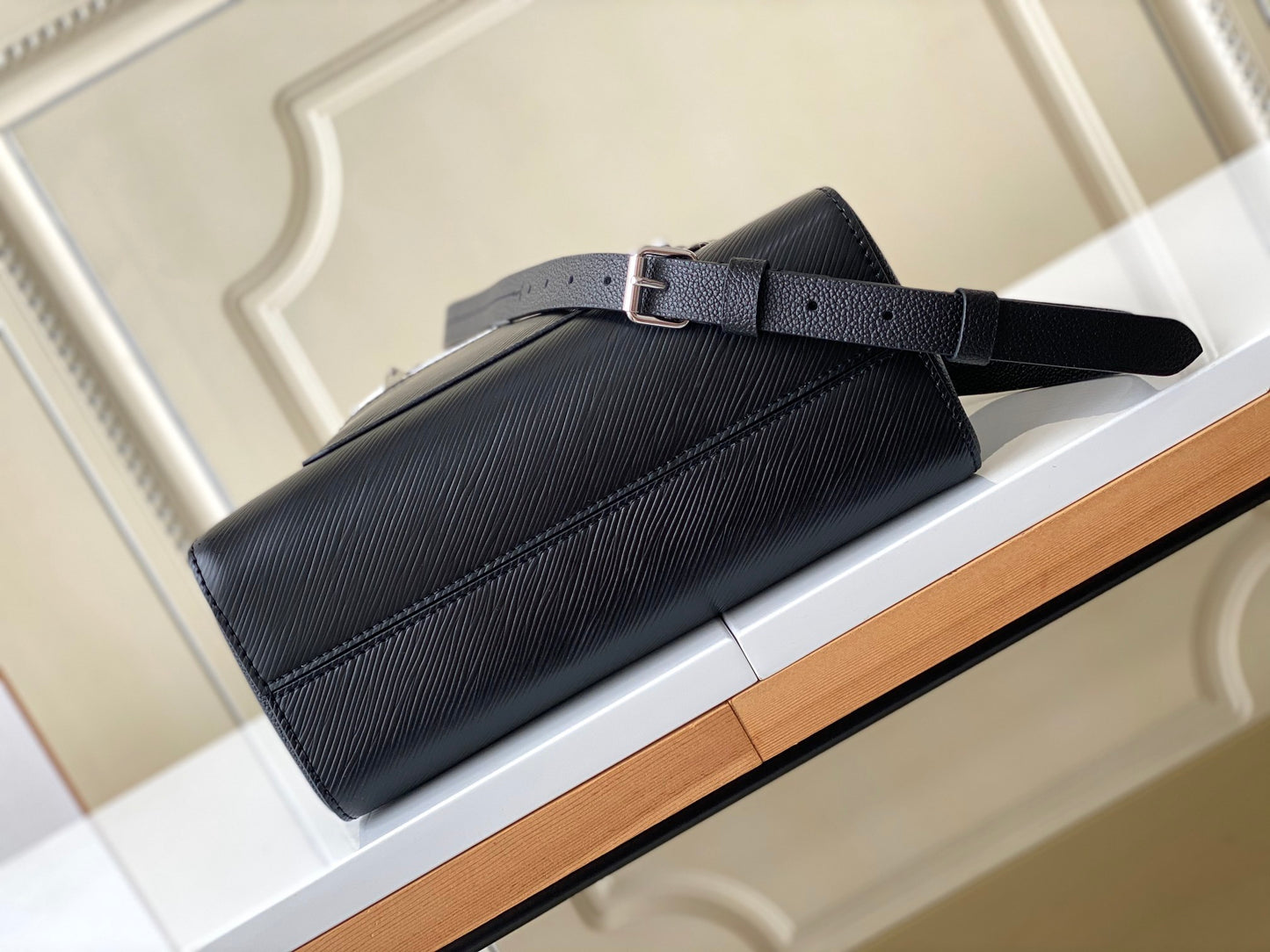 Louis Vuitton Black Leather Top Handle Bag with Monogram Front Pocket