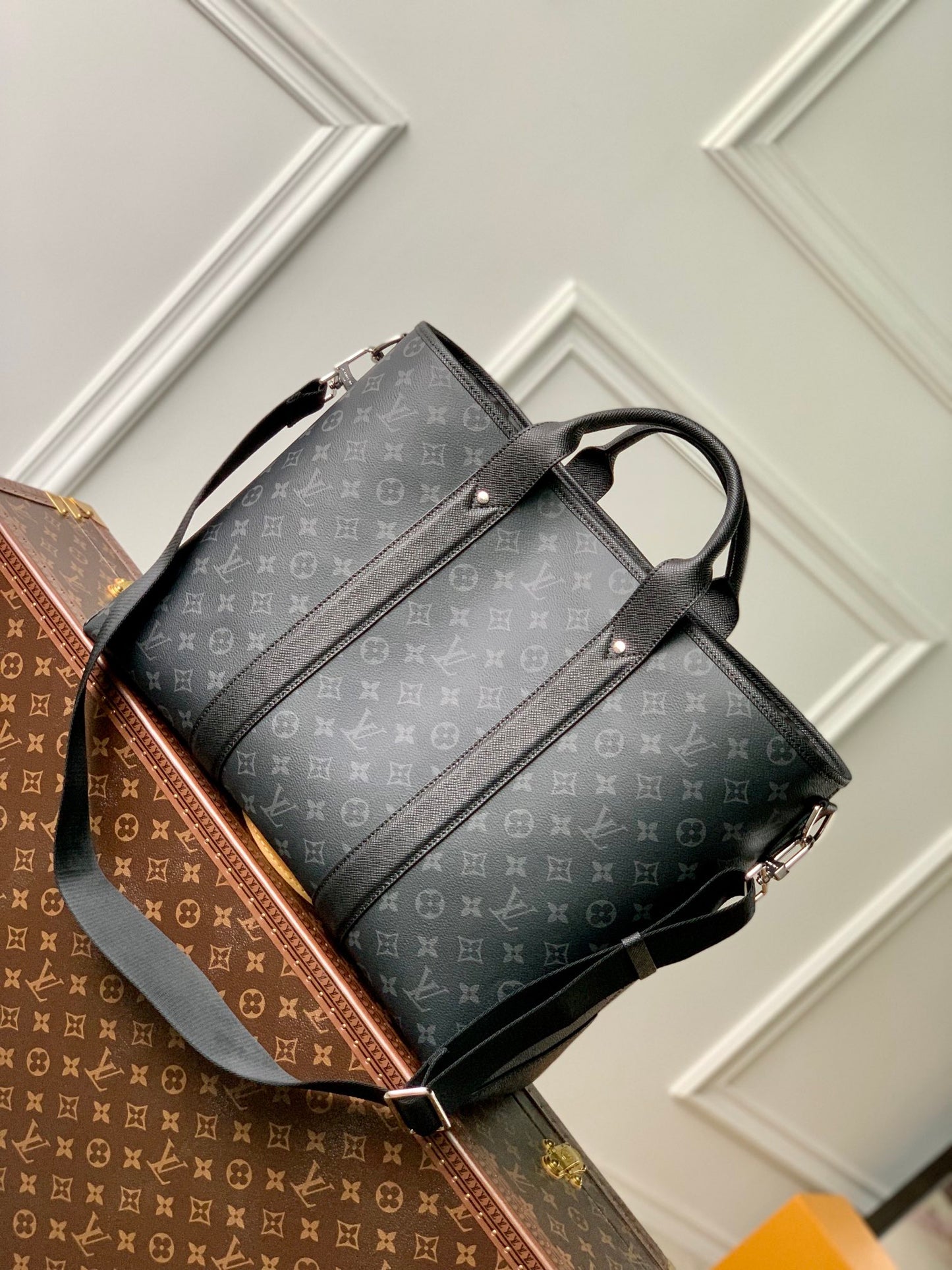 Men's Monogram Canvas Briefcase - Black Designer Tote Bag with Leather Trim