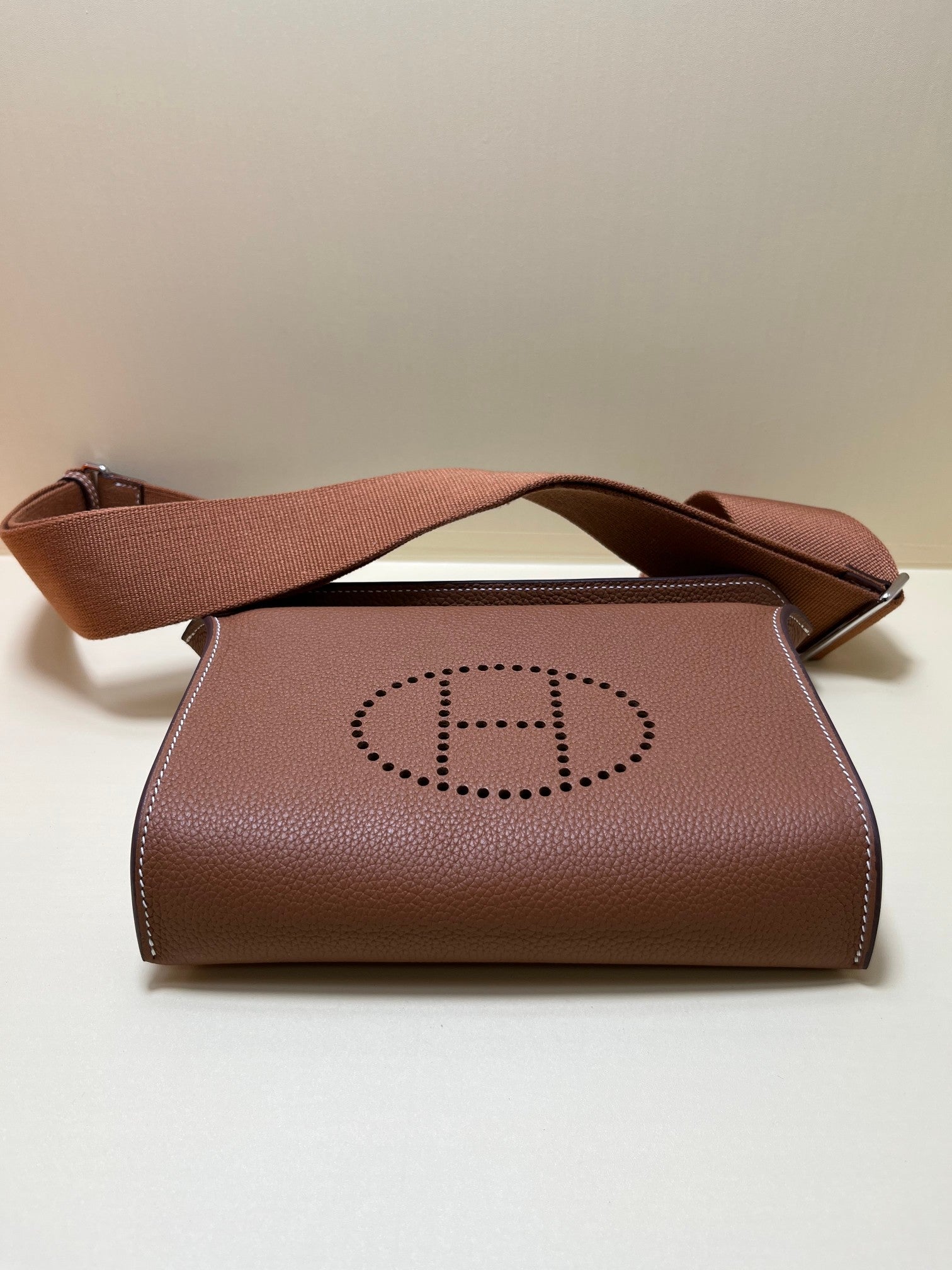 Small Brown Perforated Leather Crossbody Bag with Shoulder Strap