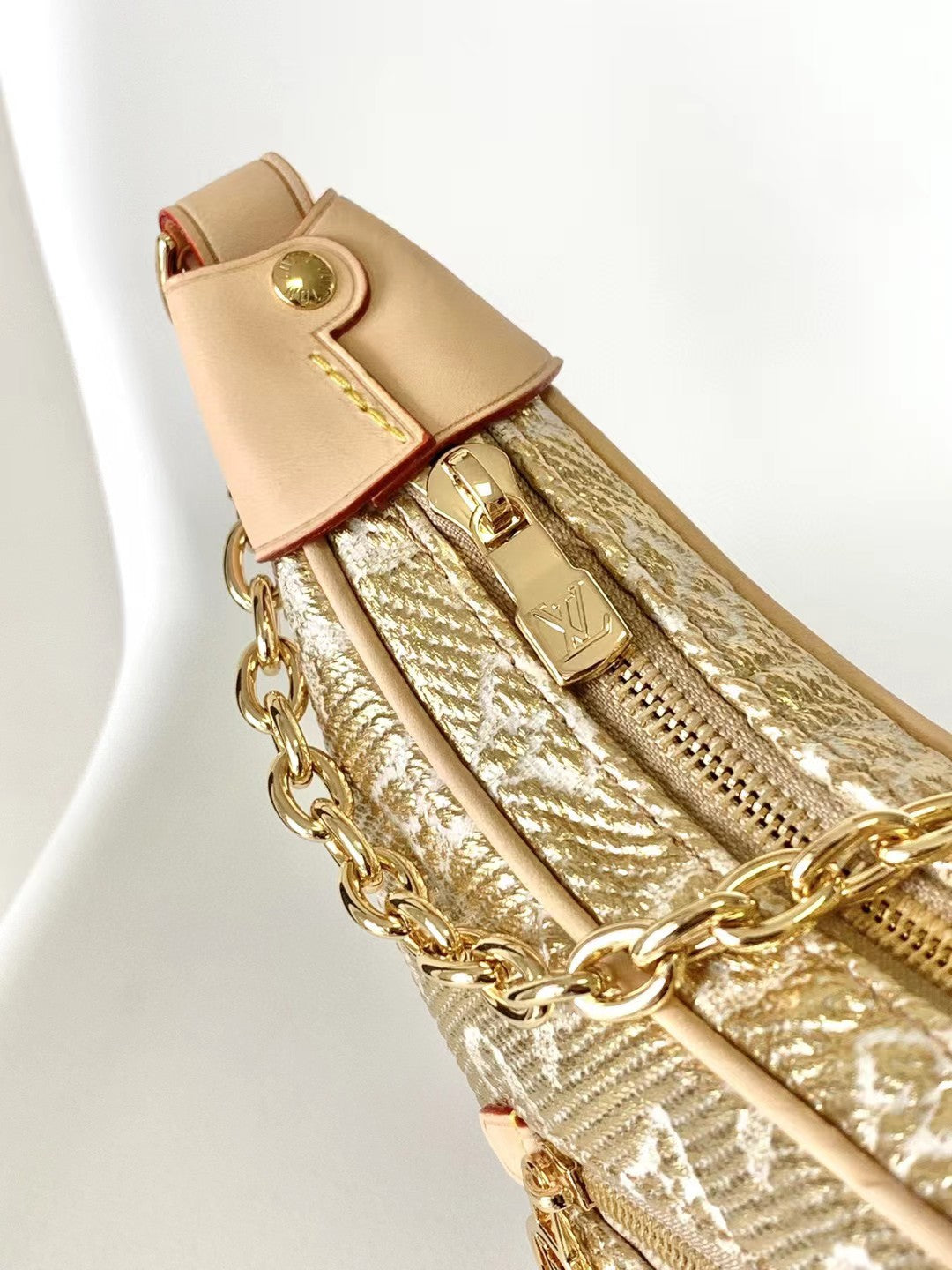 Louis Vuitton Beige Crescent Monogram Shoulder Bag with Gold Chain Strap