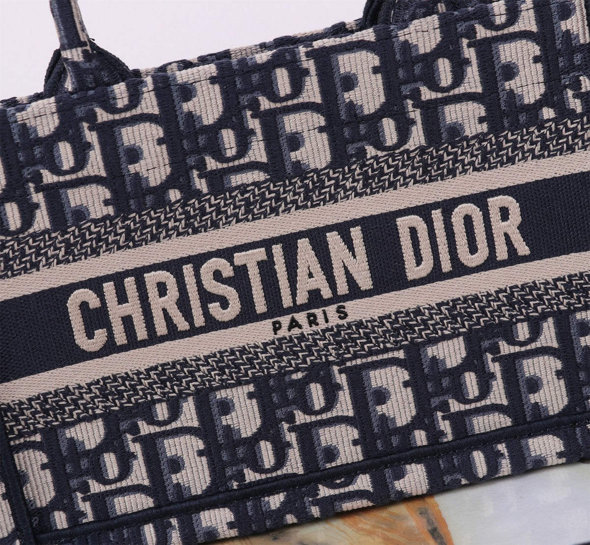 Dior Classic Navy Monogram Embroidered Canvas Top Handle Tote Bag