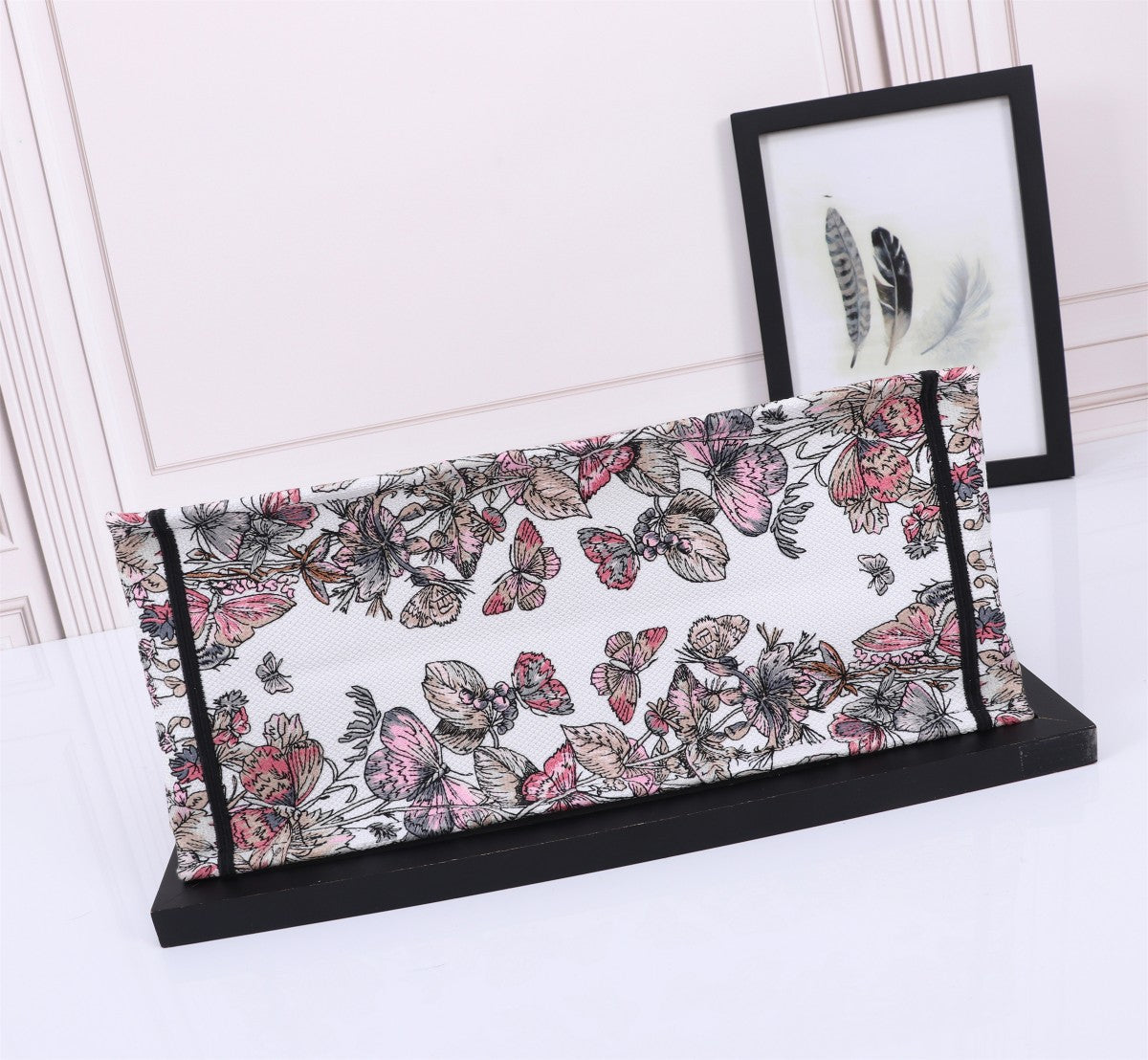 Dior Embroidered Floral Canvas Tote Bag with Pink Stripe Accent