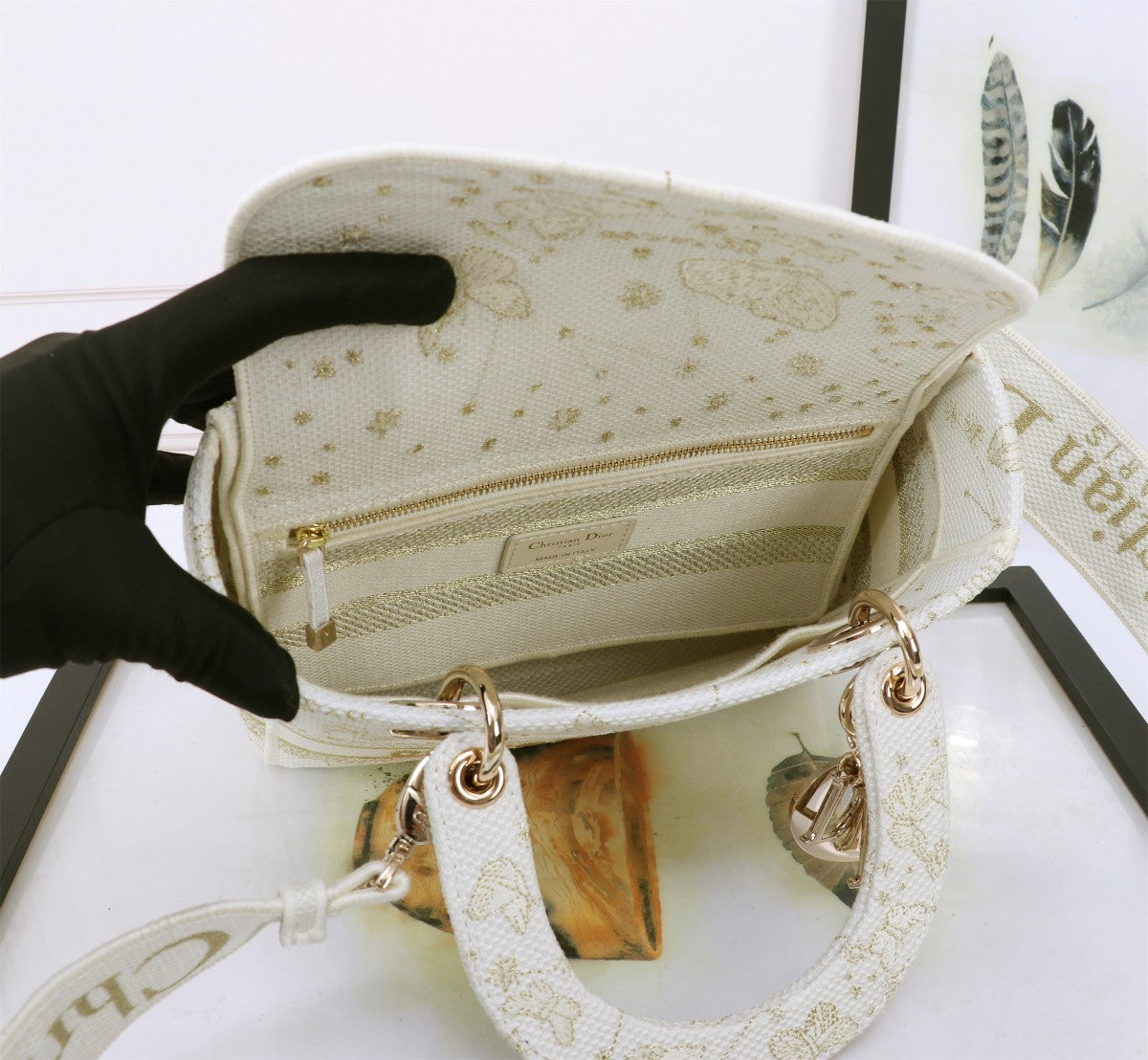 Christian Dior Medium Lady D-Lite Bag White Butterfly Embroidery