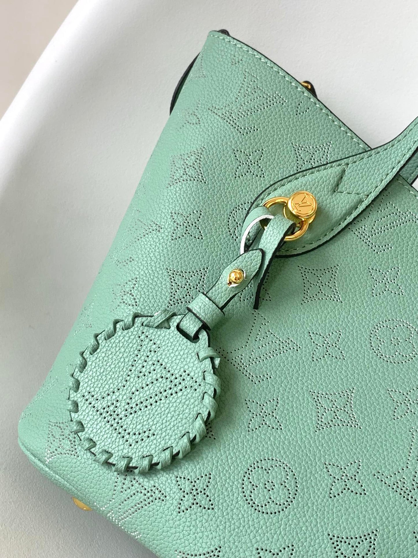 Louis Vuitton Mint Green Embossed Leather Handbag with Top Handles