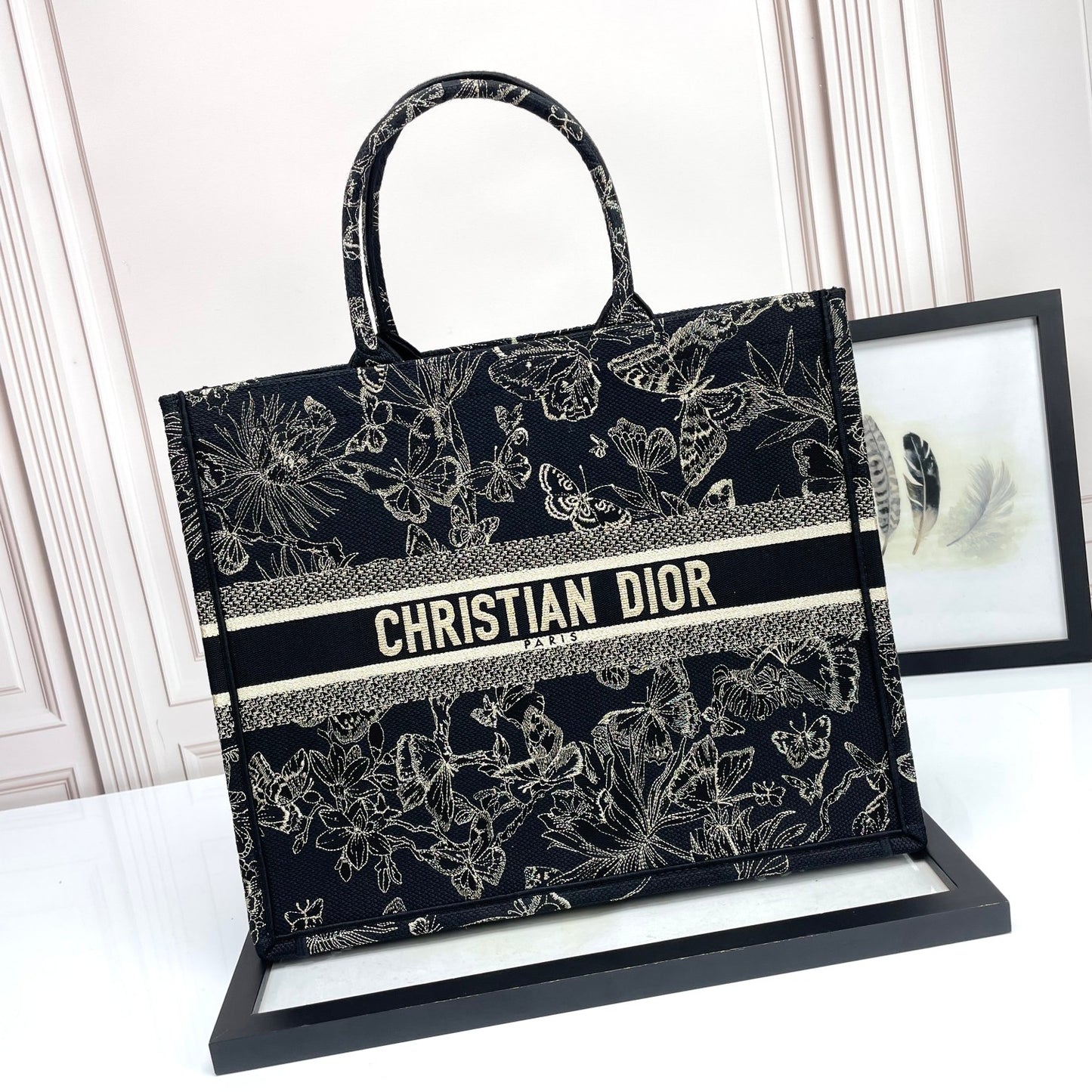 Christian Dior Book Tote Black with Gold Butterfly Embroidery Canvas Handbag
