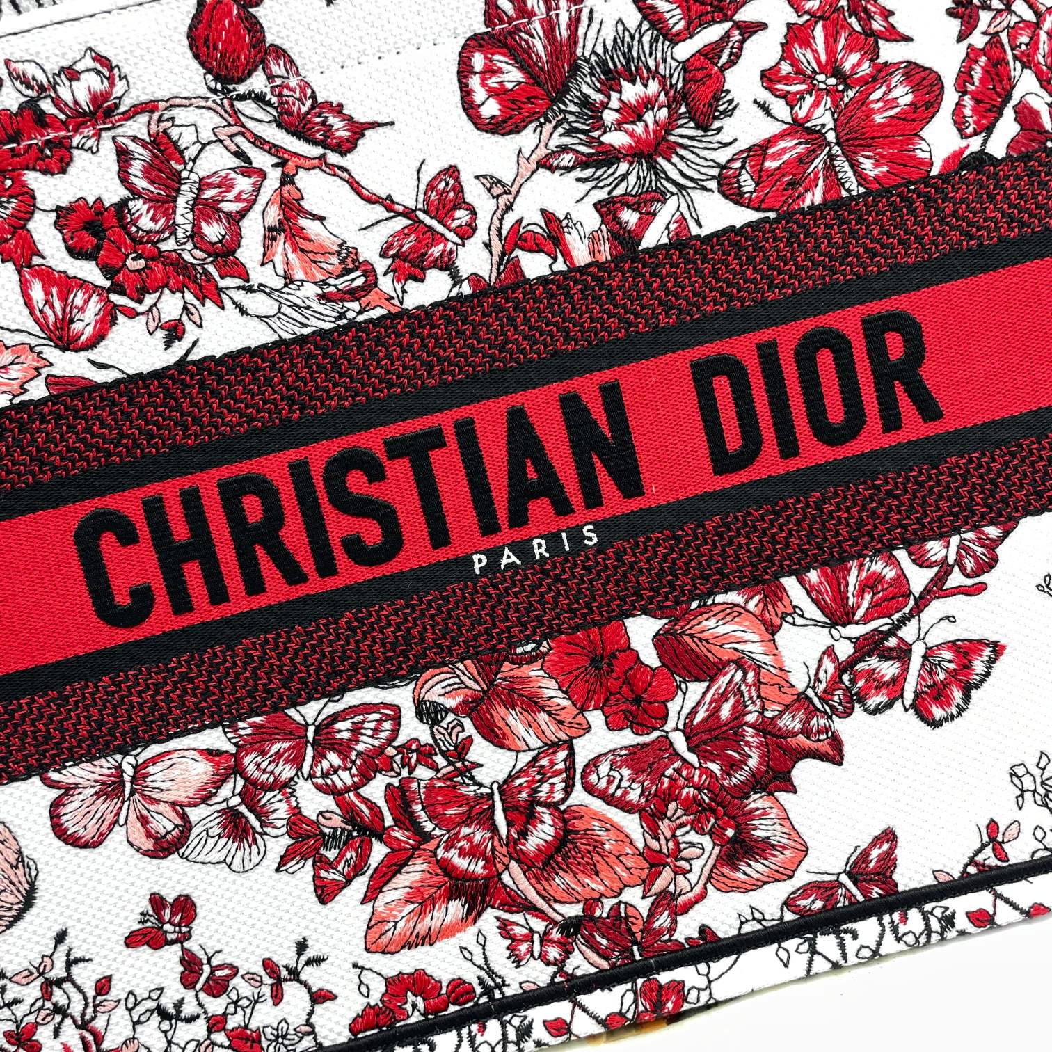 Christian Dior Large Book Tote Red and White Butterfly Floral Embroidery Canvas Bag
