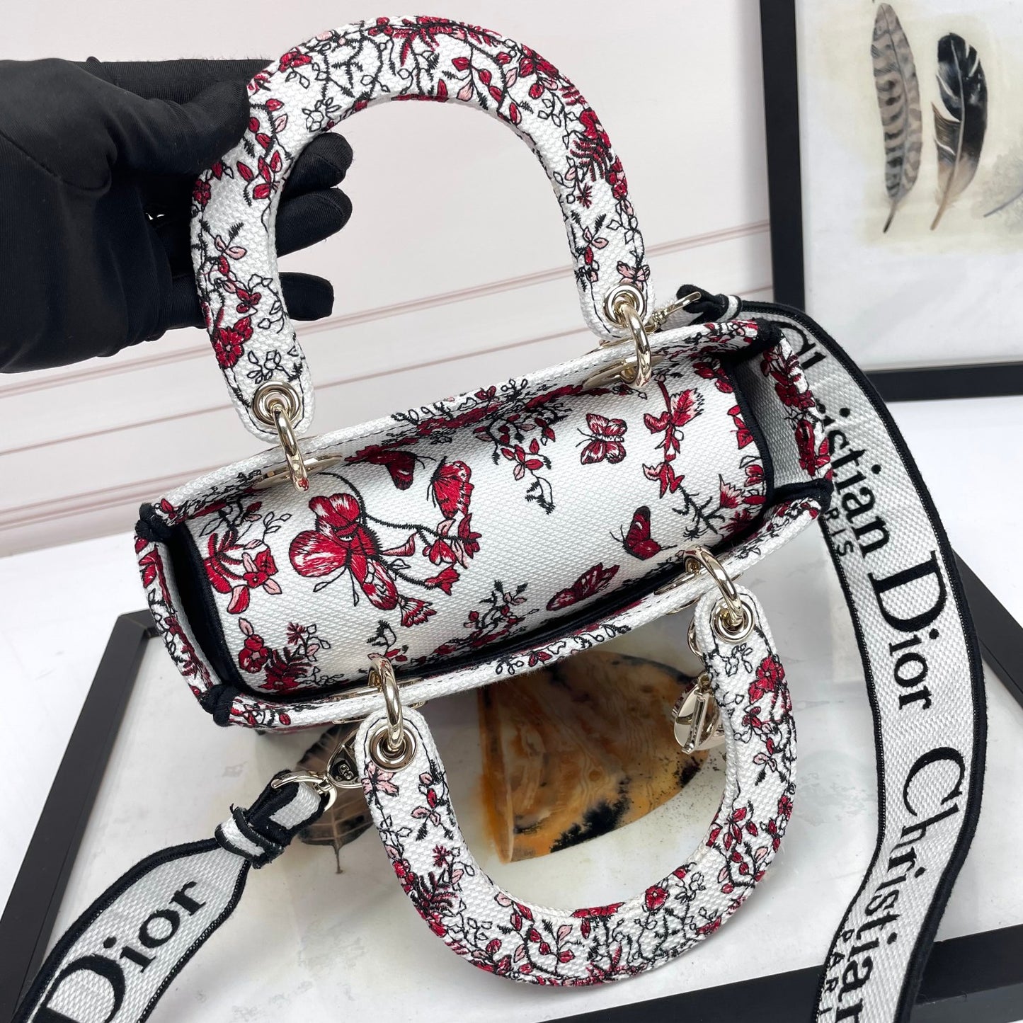 Christian Dior Lady D-Lite Bag - Red and White Butterfly Embroidered Canvas