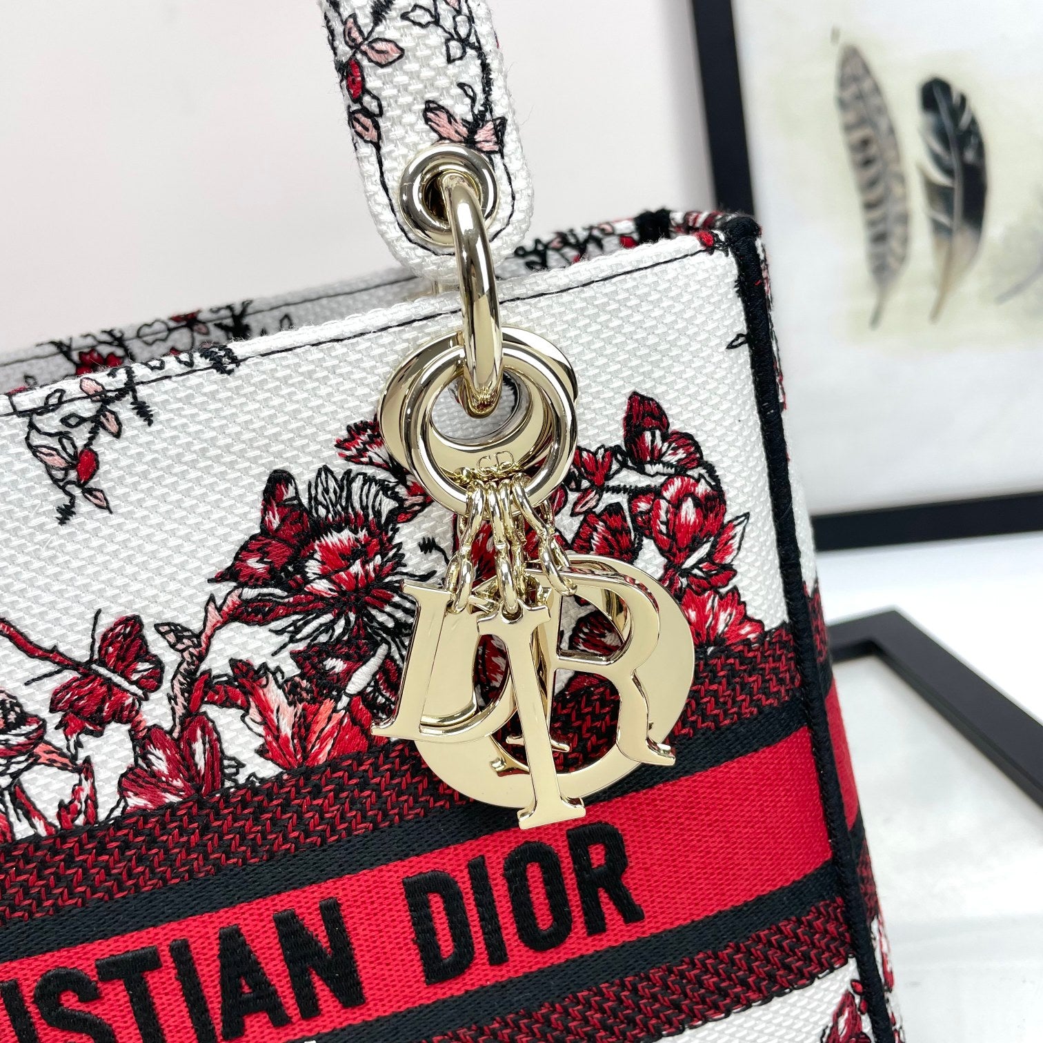 Dior Luxury Red Floral Butterfly Embroidered Handbag with Wide Strap