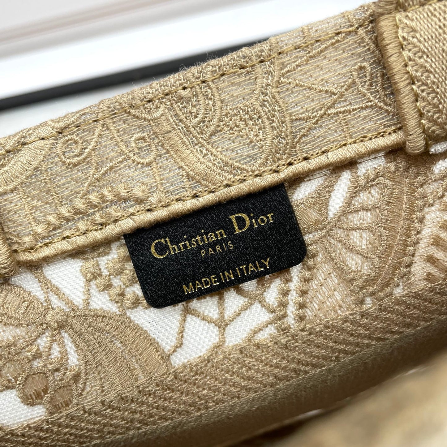 Dior Elegant Beige Embroidered Floral Lace Canvas Tote Handbag